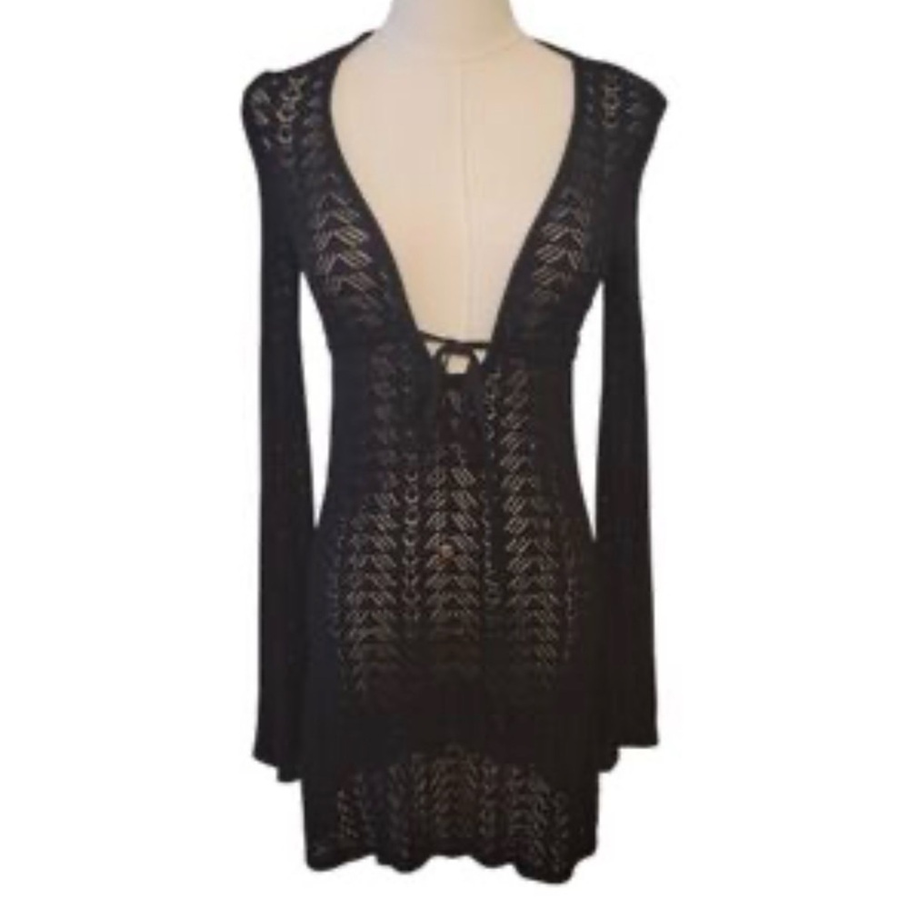 Tommy Bahama navy blue open crochet knit front tie swim cover up Dress Size XS